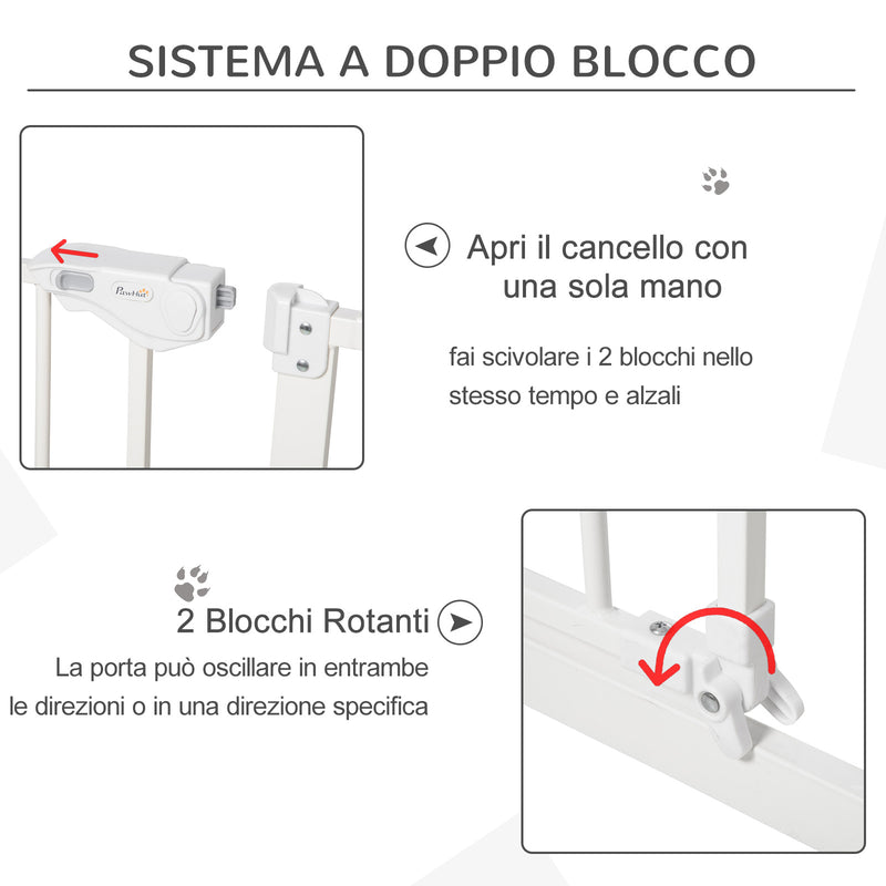 Cancelletto di Sicurezza per Animali Domestici 3 Estensioni Regolabile 74-148cm Chiusura Automatica Bianco