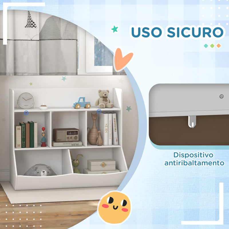 Mobile Portagiochi per Bambini a 3 Livelli con 5 Scomparti 91,5x43x79 cm in Legno Bianco
