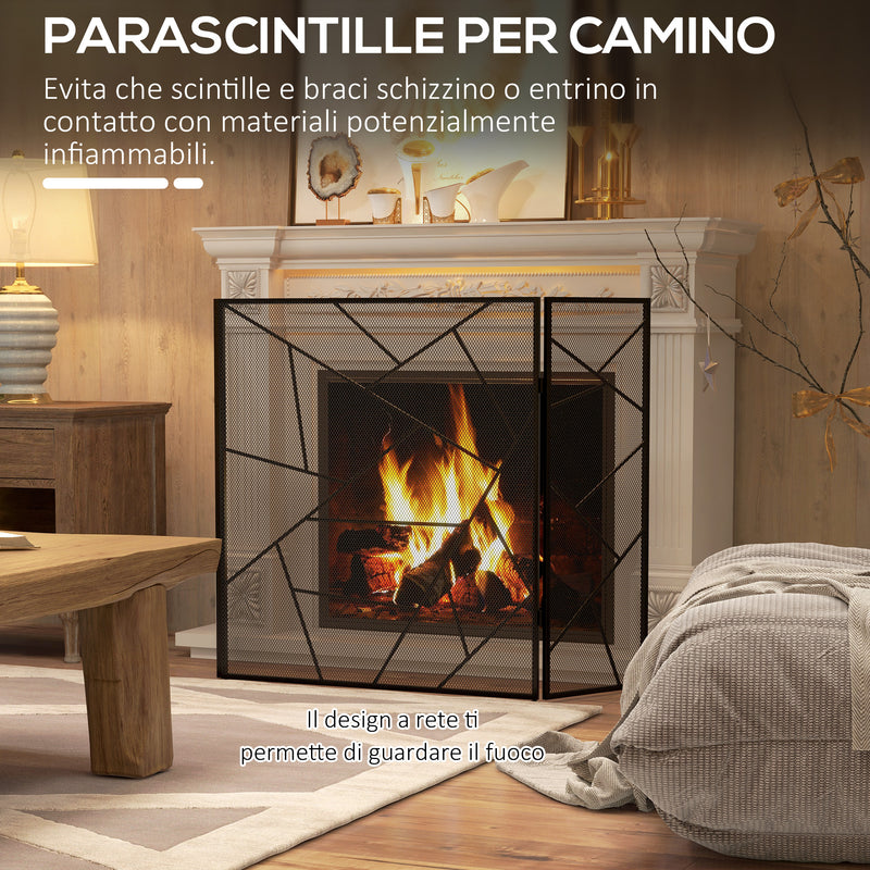Parascintille con Antine 135x1,2x85 cm Pieghevole a 3 Pannelli Design Geometrico in Acciaio Nero