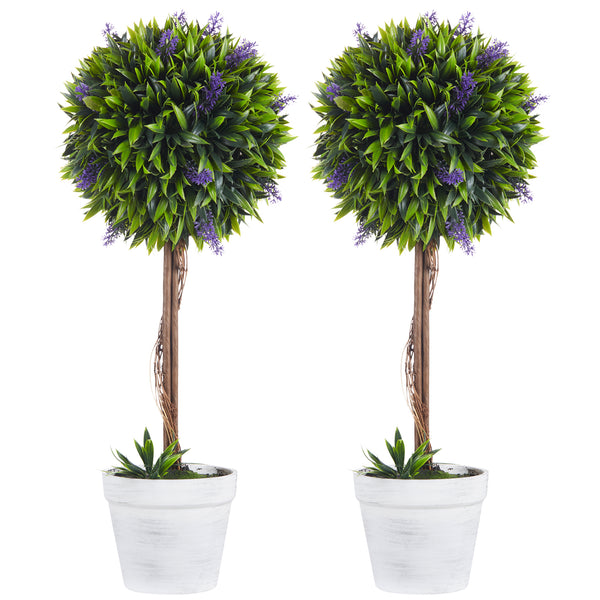 Set 2 Piante Artificiali Ø24x60 cm Verdi a Sfera con Fiori di Lavanda e Vaso con Muschio e Cemento sconto