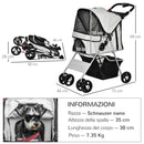 Passeggino per Cani Pieghevole con 3 Reti e Cerniera 75x46x94 cm in Ferro e Tessuto Oxford Grigio