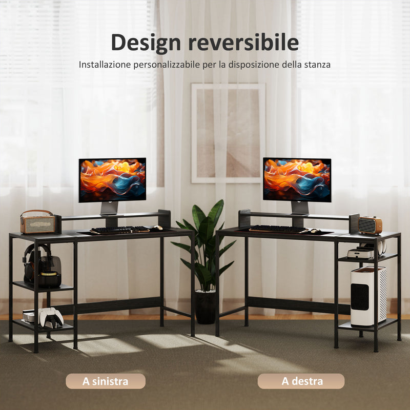 Scrivania Moderna con Supporto per Monitor e Ripiani a Giorno Regolabili 120x48x85,5 cm in Legno e Acciaio Nero 