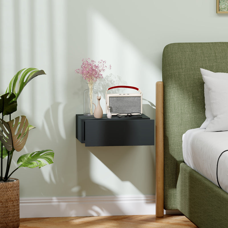 Comodino Sospeso Moderno 40x30x15 cm con Cassetto in Legno Nero   