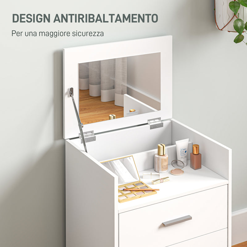 Consolle Trucco 50x40x113,5 cm con Specchio Ribaltabile 2 Cassetti e Sgabello a Scomparsa in Legno Bianco  