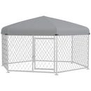 Recinto per Cani Taglia Grande 2,1x1,85x1,5m Tetto in Tessuto Oxford Anti UV Argento e Grigio