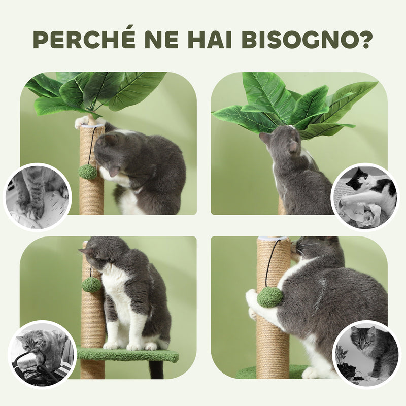 Albero Tiragraffi per Gatti Palo in Juta Piattaforme in Peluche e Palline Ø40x83 cm Verde