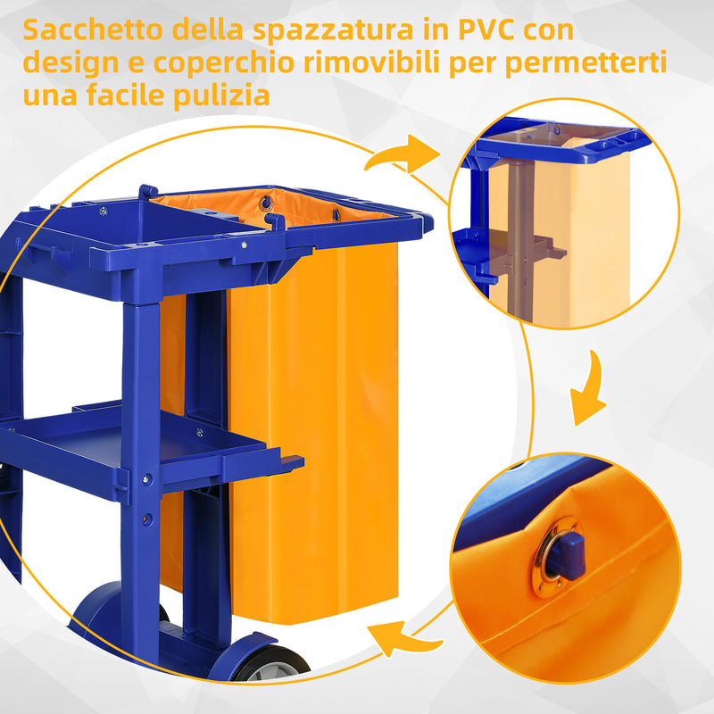 Carrello Pulizie 3 Ripiani Sacco da 100L 121x50,5x96,5 cm Blu Giallo e Grigio  