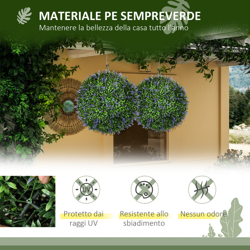 Set di 2 Piante Artificiali a Sfera Ø42 cm con Fiori di Lavanda per Casa e Giardino Verde e Viola   