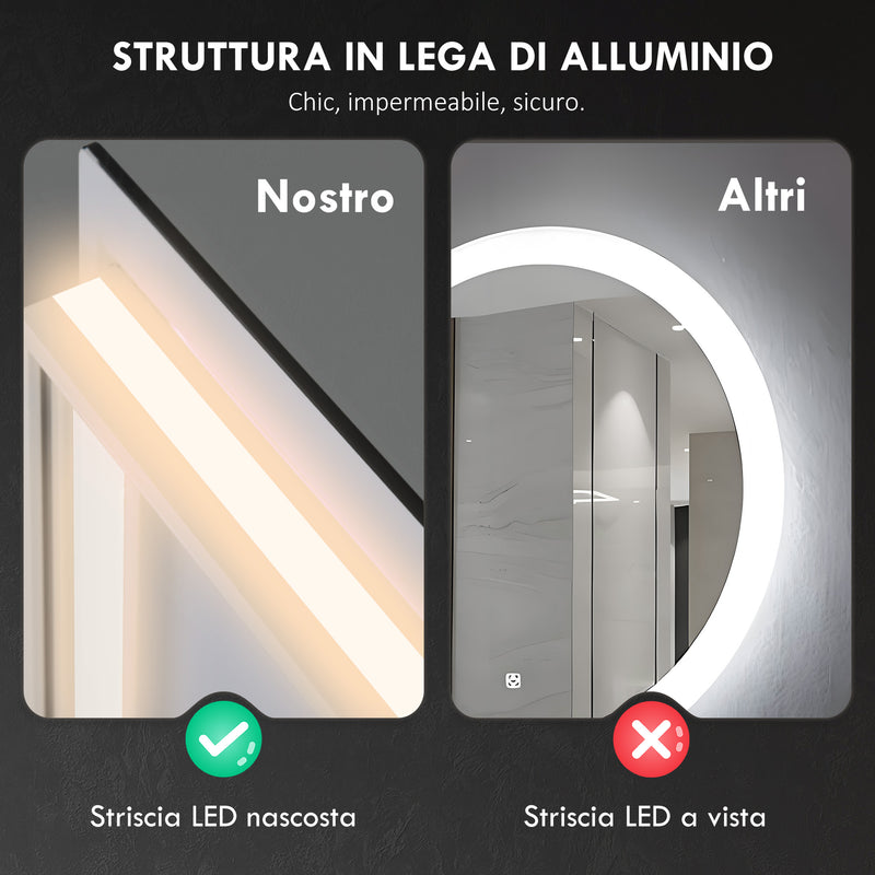 Specchio da Bagno Antiappannamento Retroilluminato LED Luminosità Regolabile 80x60x4 cm  