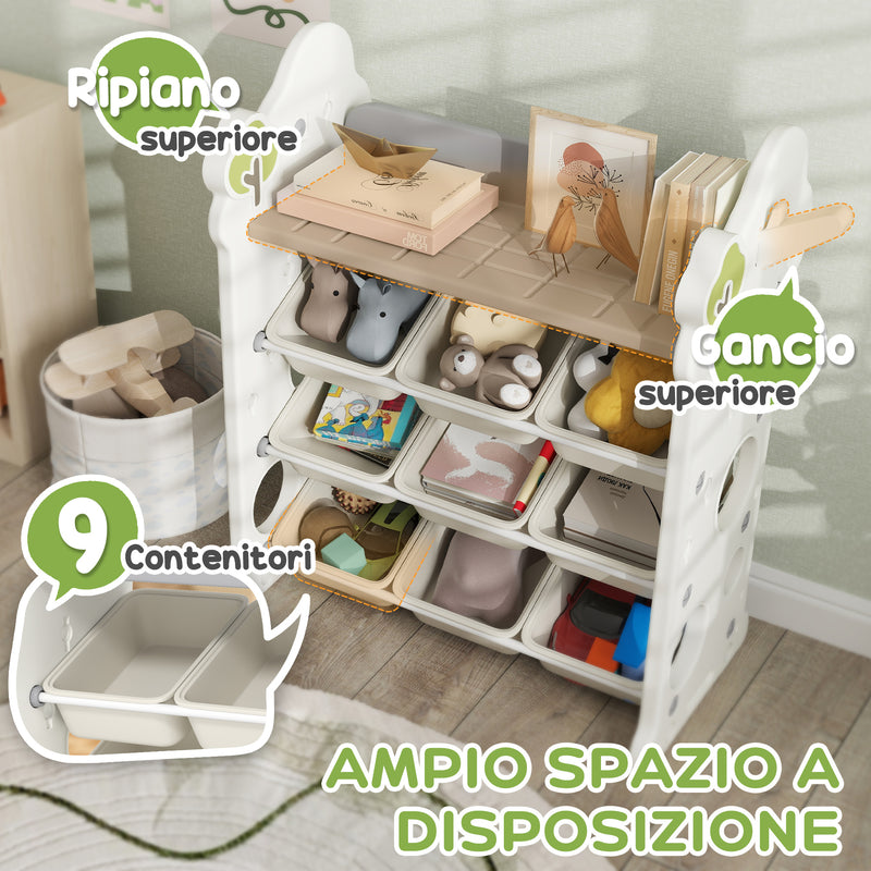 Scaffale Portagiochi a 4 Livelli con 9 Contenitori 77x42x94 cm in HDPE Bianco Crema  