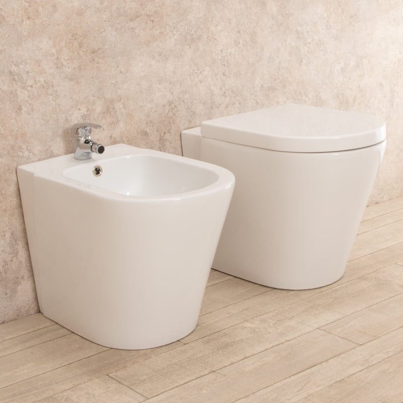 Coppia di Sanitari WC e Bidet  a Terra Filo Muro in Ceramica Bianchi-4