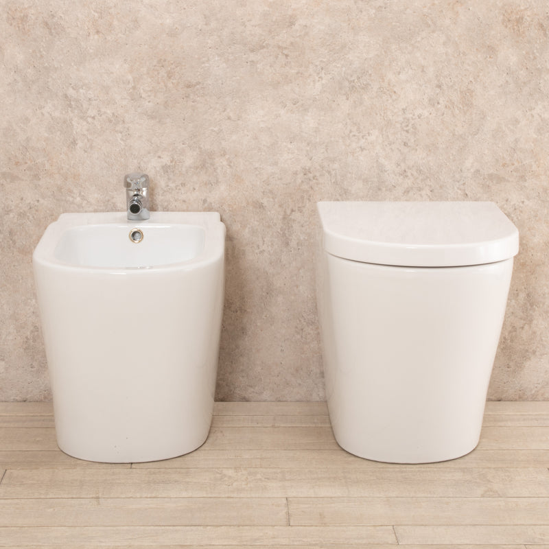 Coppia di Sanitari WC e Bidet  a Terra Filo Muro in Ceramica Bianchi-5
