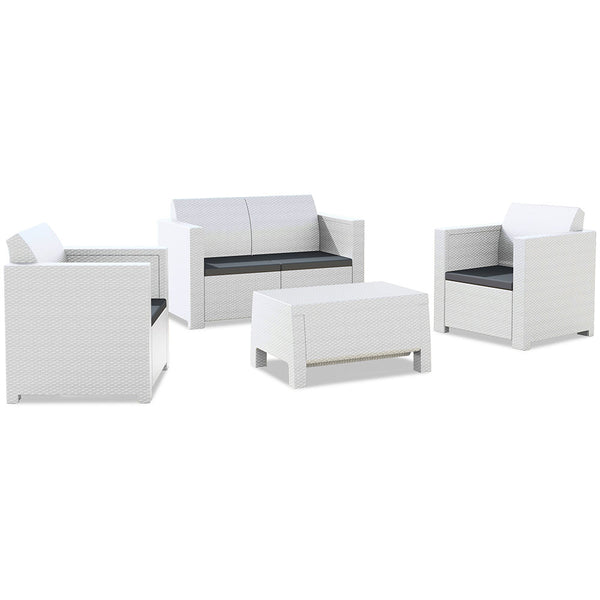 Ensemble de canapé de salon avec fauteuils et table basse en résine antichoc pour mobilier de jardin de couleur blanche sconto