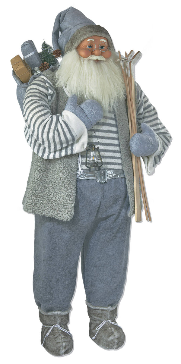 acquista Marionnette Père Noël H150 cm avec cadeaux de ski et lanterne grise et blanche