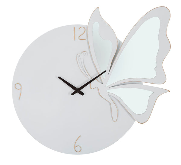 sconto Horloge Glam Papillon Blanc 66x4,5x64 cm en Fer MDF et Miroir Blanc