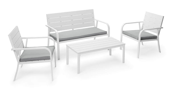 Salon de jardin canapé 2 fauteuils et table basse en acier blanc acquista
