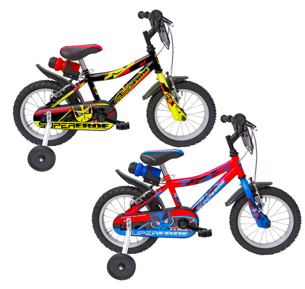 prezzo Bicicletta per Bambino 14” 2 Freni Super Hero Nero e Giallo o Rosso e Blu