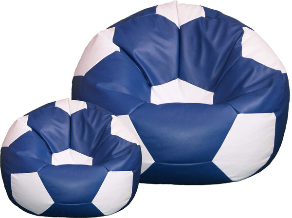 Pouf poire Ø100 cm en similicuir avec repose-pieds Baselli ballon de football bleu et blanc sconto