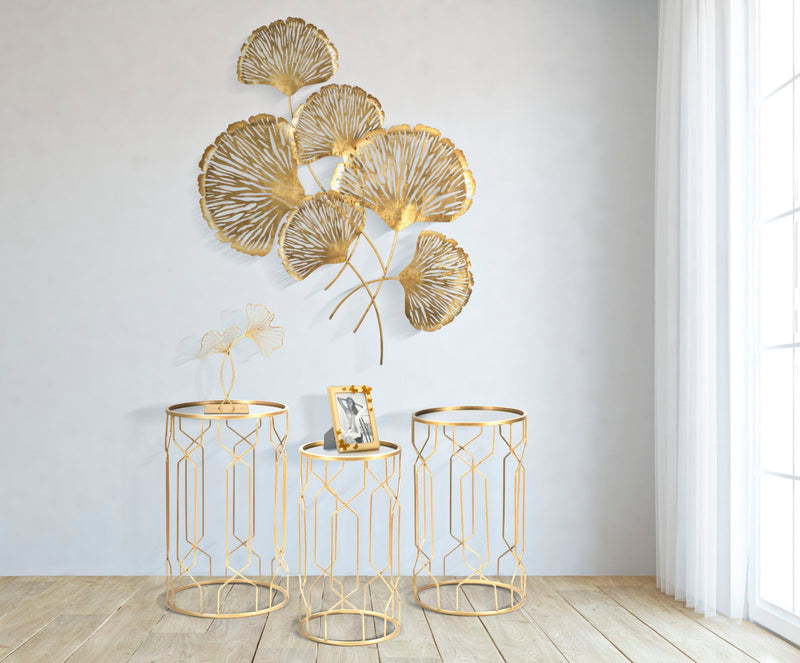 Tavolinetti Glam Lignes Tris Ø40x63-35x57,5-30x53,5 cm in Ferro e Vetro Oro-8