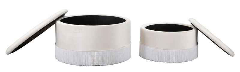 Puff Contenitore Lines New Coppia Crema Ø71x41-55x33 cm in Legno Spugna e Poliestere Crema-2