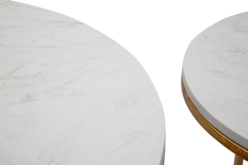 Tavolinetti Simply Marble Coppia Ø52x63-42x53 cm in Ferro e Marmo Oro e Bianco-3