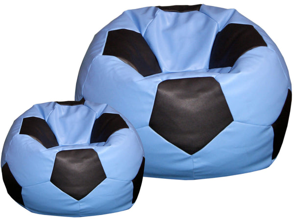 Pouf poire Ø100 cm en similicuir avec repose-pieds Baselli bleu ciel et ballon de football noir acquista