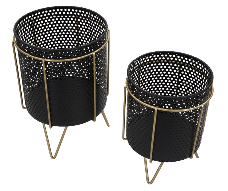 Porta Vasi Fashion Coppia Ø19,5x28-17x23 cm in Ferro Nero e Oro-2