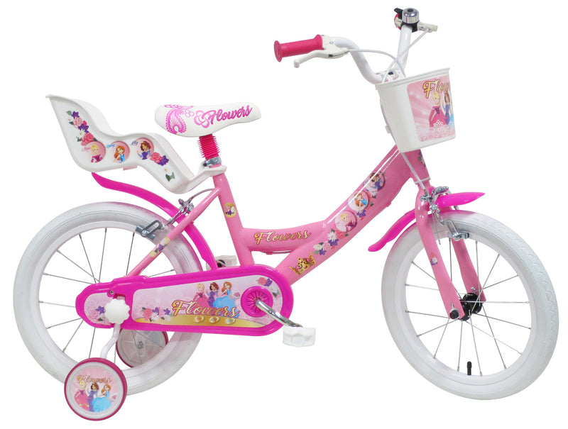 Bicicletta per Bambina 16" 2 Freni  Flower Rosa-1