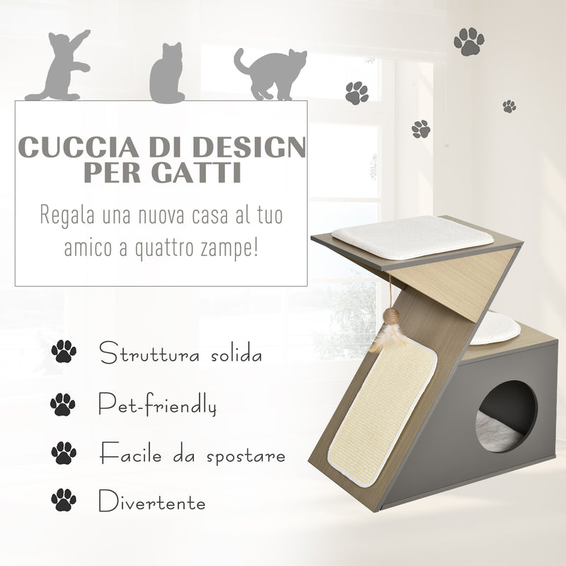 Casetta per Gatti con Tiragraffi in MDF 60x37x65 cm  Grigia-7