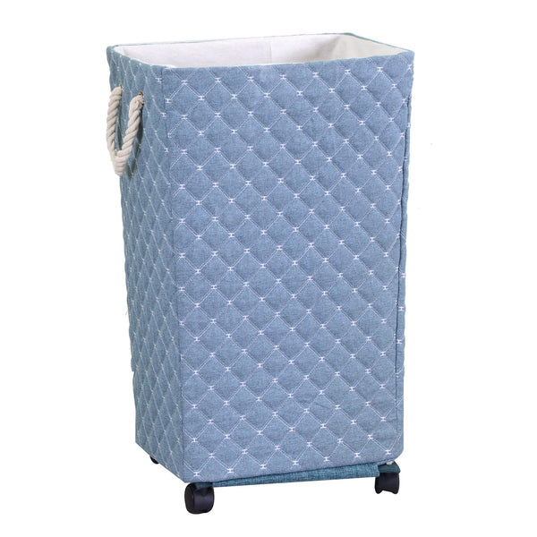 Panier à linge rectangulaire en tissu bleu clair avec roulettes 40x30xh70 cm sconto