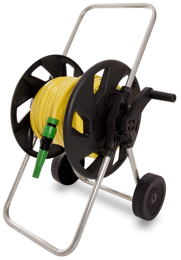 online Chariot enrouleur de tuyau manuel en acier avec tuyau de 25 m et accessoires noirs