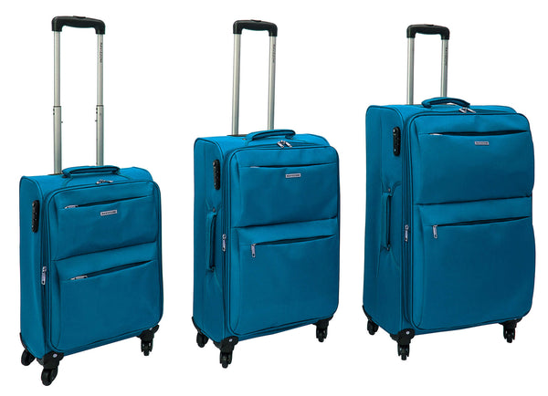 acquista Lot de 3 Valises Trolley Souples en Polyester 4 Roues TSA Ravizzoni Singapore Bleu Pétrole