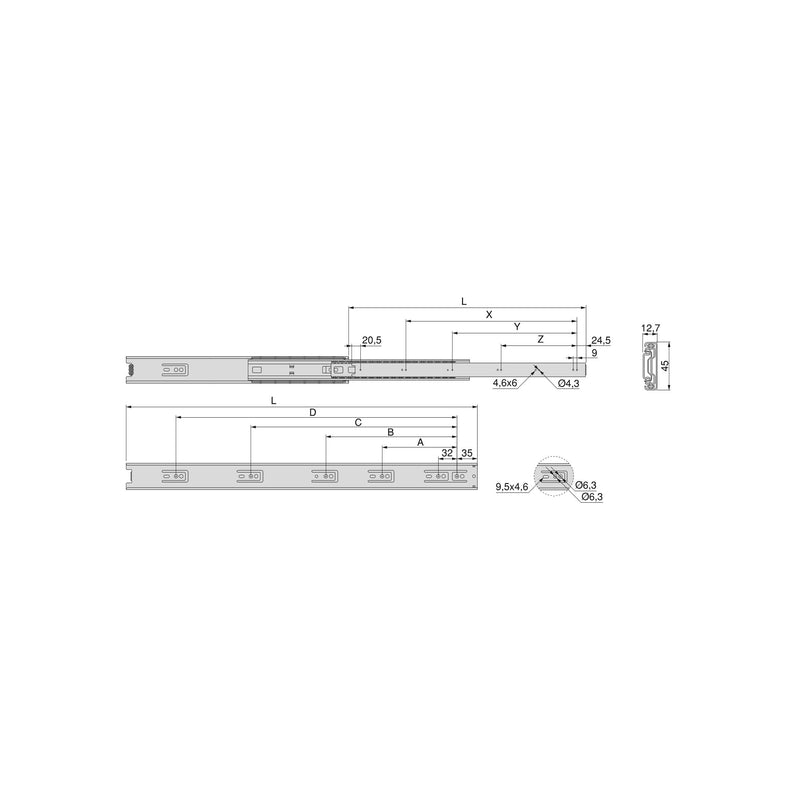 Kit Guide per Cassetti a Sfera 45 x 400 mm Estrazione Totale Zincato 5 Pezzi Emuca-2
