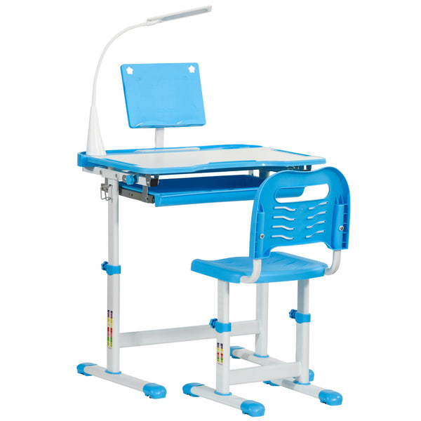 Bureau d'école avec chaise pour enfants avec lampe LED et pupitre bleu sconto