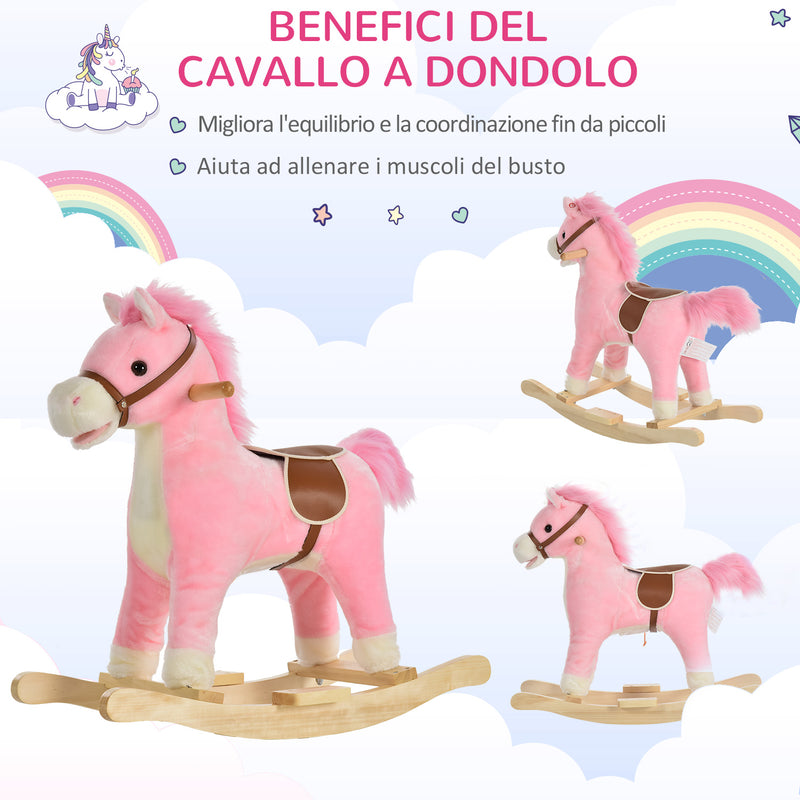 Cavallo a Dondolo per Bambini in Legno e Peluche Rosa-7