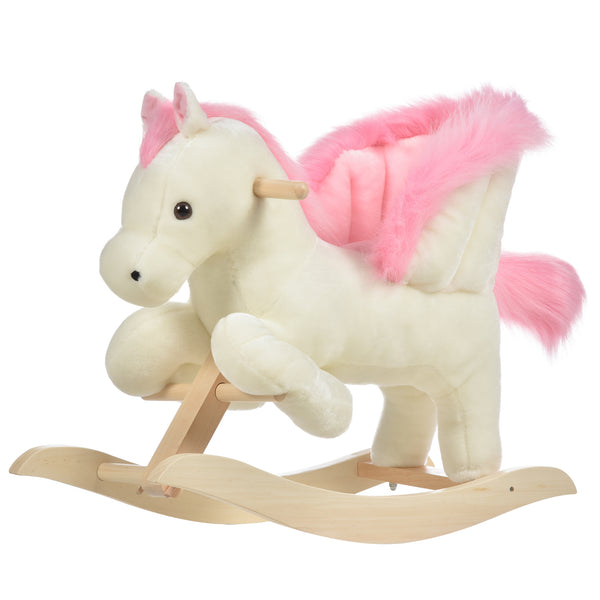 Cheval à bascule en bois pour enfant en peluche blanche et rose acquista
