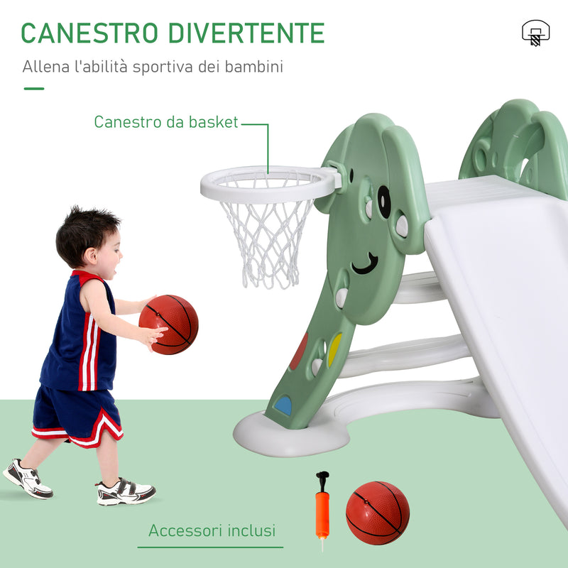 Scivolo per Bambini 146x68x68 cm con Canestro e Pallone Basket Verde e Bianco-5