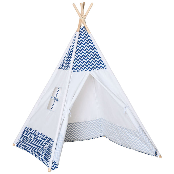 Tenda Indiana per Bambini 120x120x155 cm in Tessuto e Legno Bianco e Blu prezzo