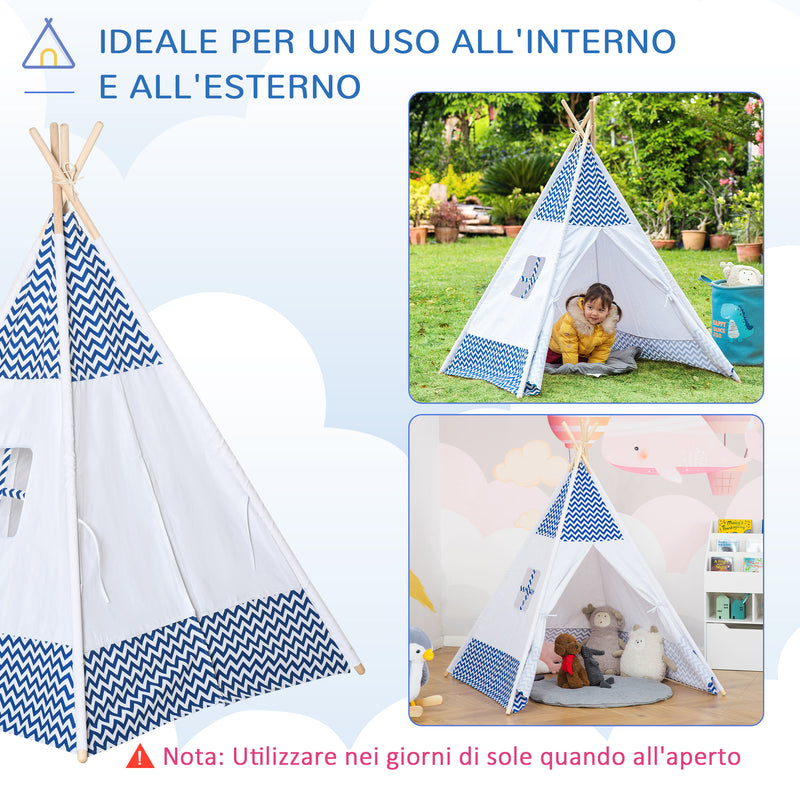 Tenda Indiana per Bambini 120x120x155 cm in Tessuto e Legno Bianco e Blu-4