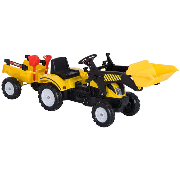 Tracteur à pédales pour enfants avec excavatrice noire et jaune et remorque sconto