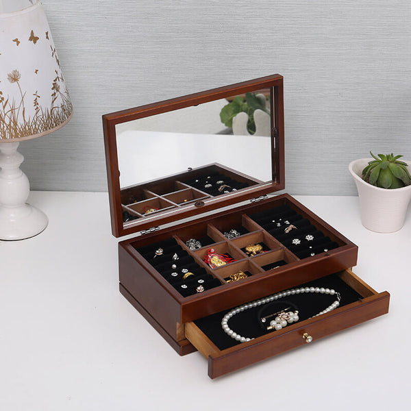 Boîte à Bijoux avec Miroir 30x20x12 cm 2 Compartiments en Bois de Noyer Fumer online