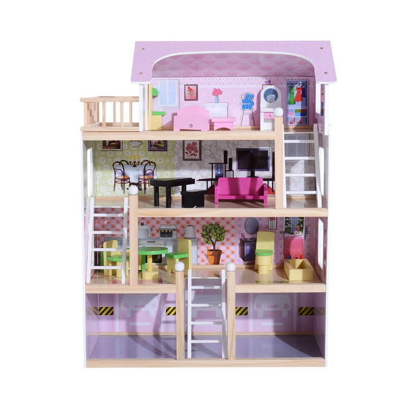 Casa delle Bambole per Bambini a 4 Piani in Legno con Accessori Rosa 60x30x80 cm -1