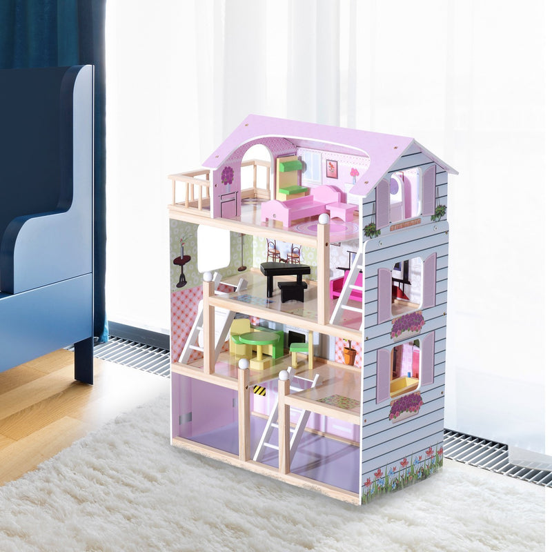 Casa delle Bambole per Bambini a 4 Piani in Legno con Accessori Rosa 60x30x80 cm -2