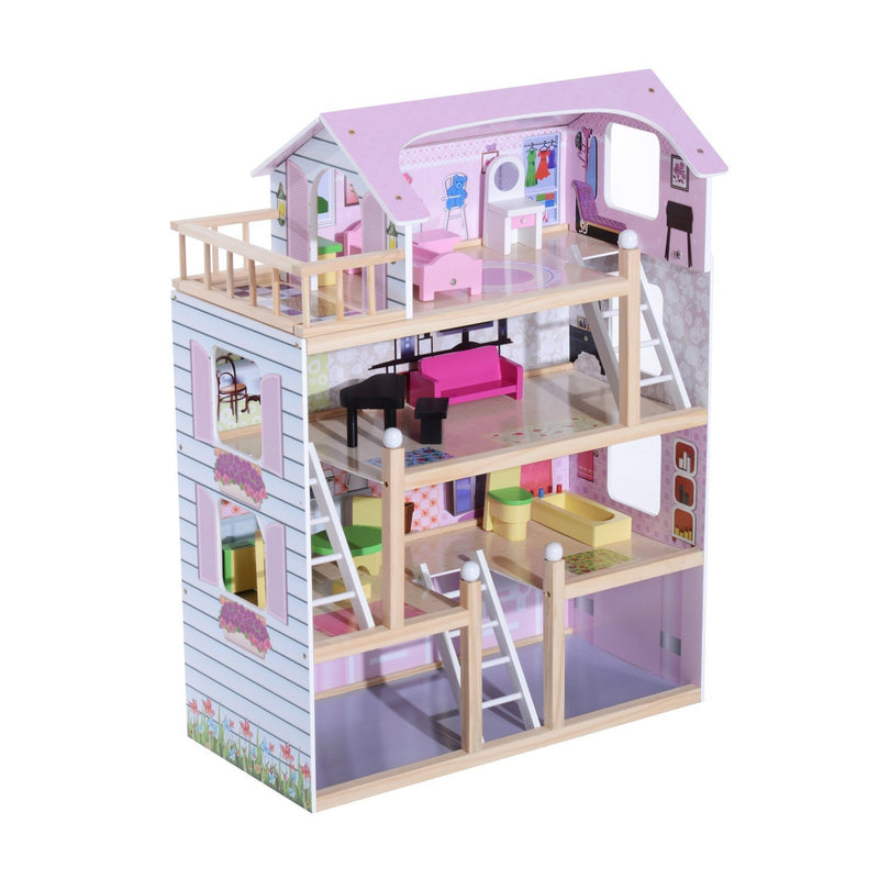 Casa delle Bambole per Bambini a 4 Piani in Legno con Accessori Rosa 60x30x80 cm -3