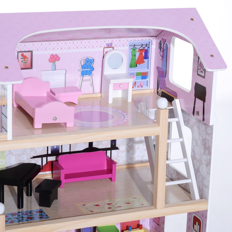 Casa delle Bambole per Bambini a 4 Piani in Legno con Accessori Rosa 60x30x80 cm -8