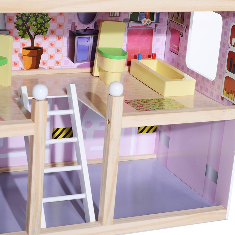 Casa delle Bambole per Bambini a 4 Piani in Legno con Accessori Rosa 60x30x80 cm -9