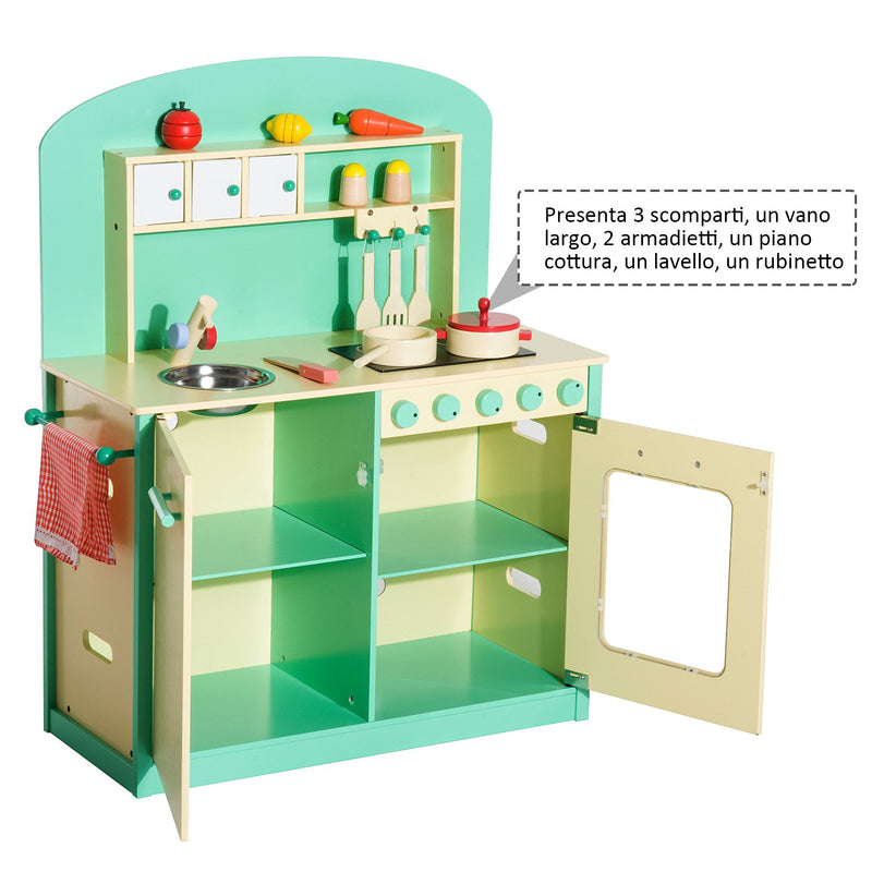 Cucina Giocattolo per Bambini con Accessori in Legno Verde 70x30x88 cm -6