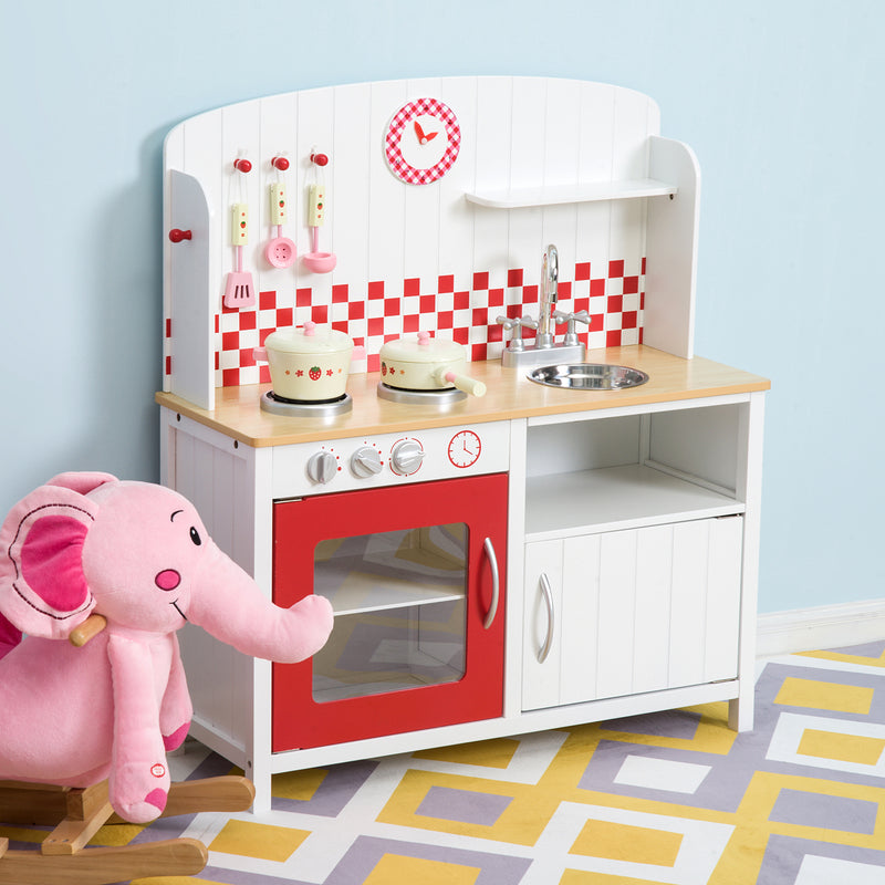 Cucina Giocattolo per Bambini con Accessori in Legno Bianco e Rosso 70x30x88 cm -3