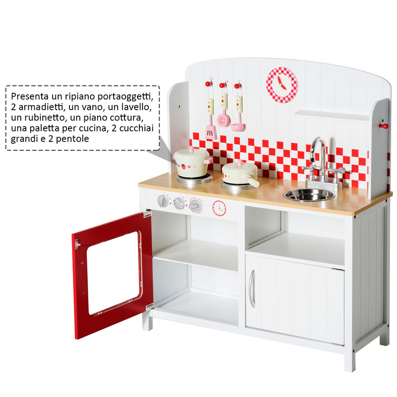 Cucina Giocattolo per Bambini con Accessori in Legno Bianco e Rosso 70x30x88 cm -7