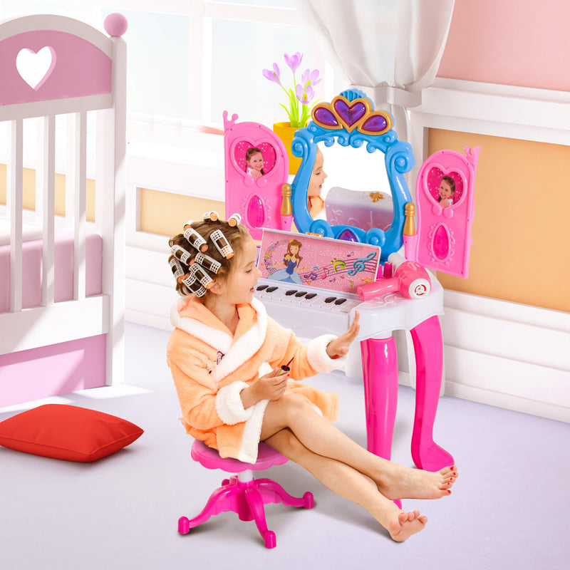 Specchiera per Bambini con Pianola e Sgabello Giocattolo per Bambini Rosa -3
